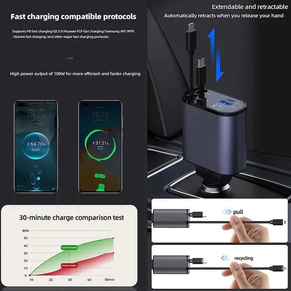 4-in-1 Retractable Car Charger For Android and iPhone 📱
