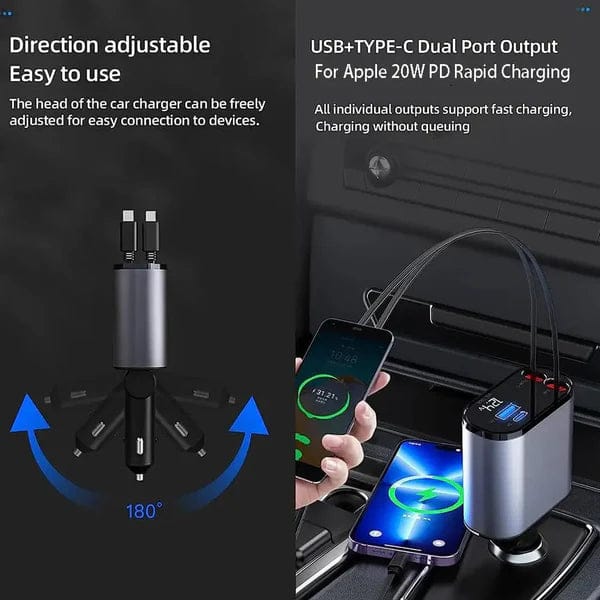 4-in-1 Retractable Car Charger For Android and iPhone 📱